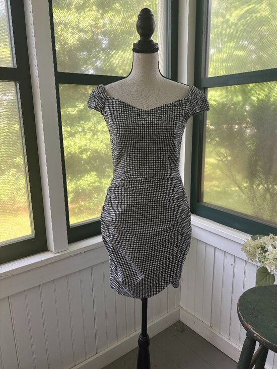 Aqua Dresses & Skirts - Aqua Gingham Off-the-Shoulder Ruched Mini Dress | Black & White | Size Medium |